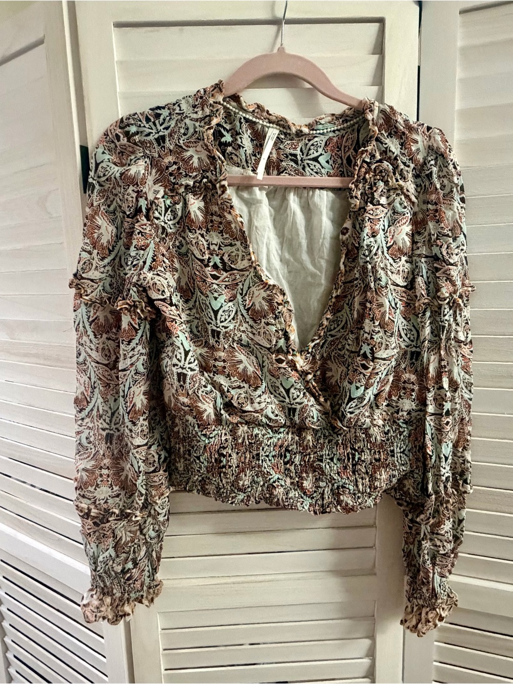 Anthropologie Floral Smocked-Waist V-Neck Blouse in Cream, Brown & Mint